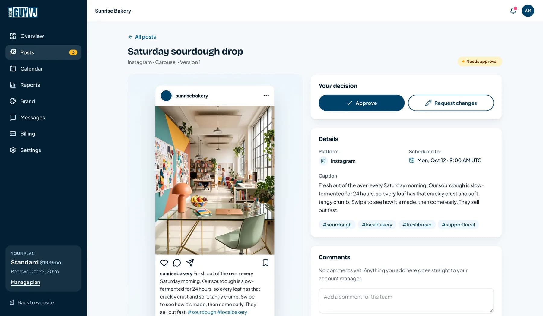 The post review screen: an Instagram-style preview of a bakery post with Approve and Request changes buttons.