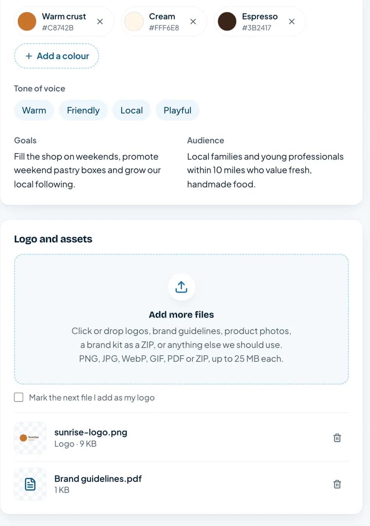 The Brand page with brand colours, tone of voice, goals and a Logo and assets section holding a logo and a brand guidelines PDF.
