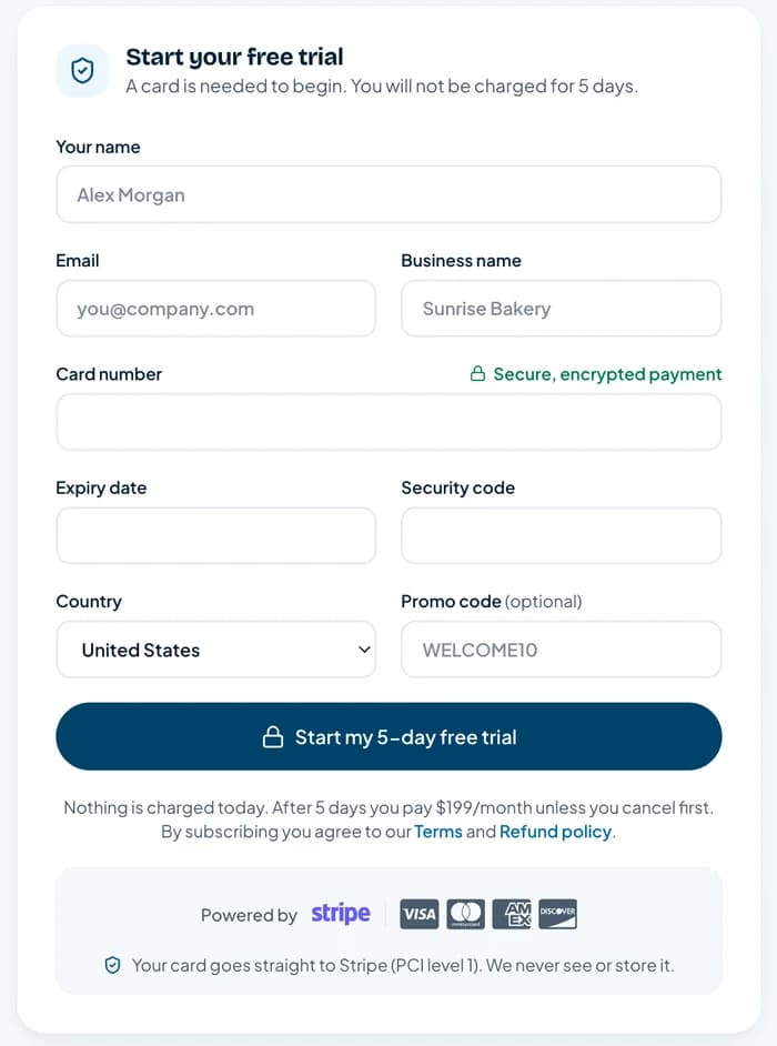 The secure checkout form for starting the 5-day free trial.